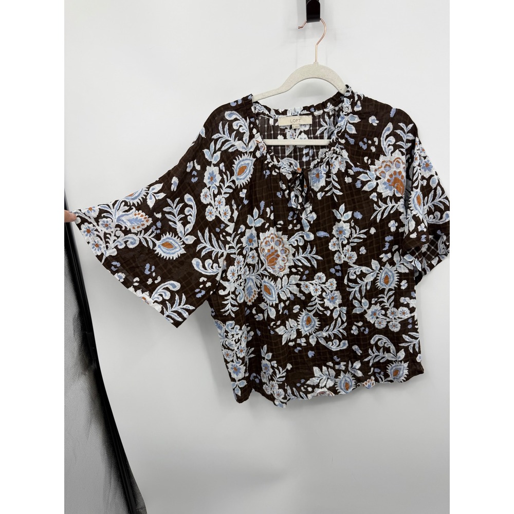 Loft Floral Paisley Blouse Women XL Brown Blue Grid Tie Neck Short Sleeve Top